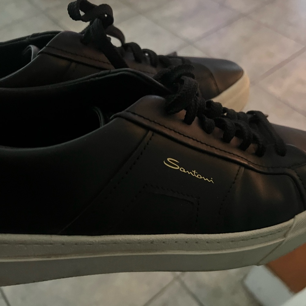 Santoni Black Leather Sneakers with White Soles